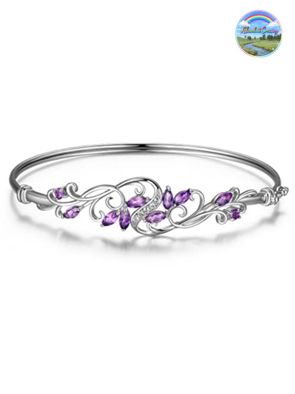 Rhodium Plated Sterling Silver Amethyst White Topaz Bangle Bracelet